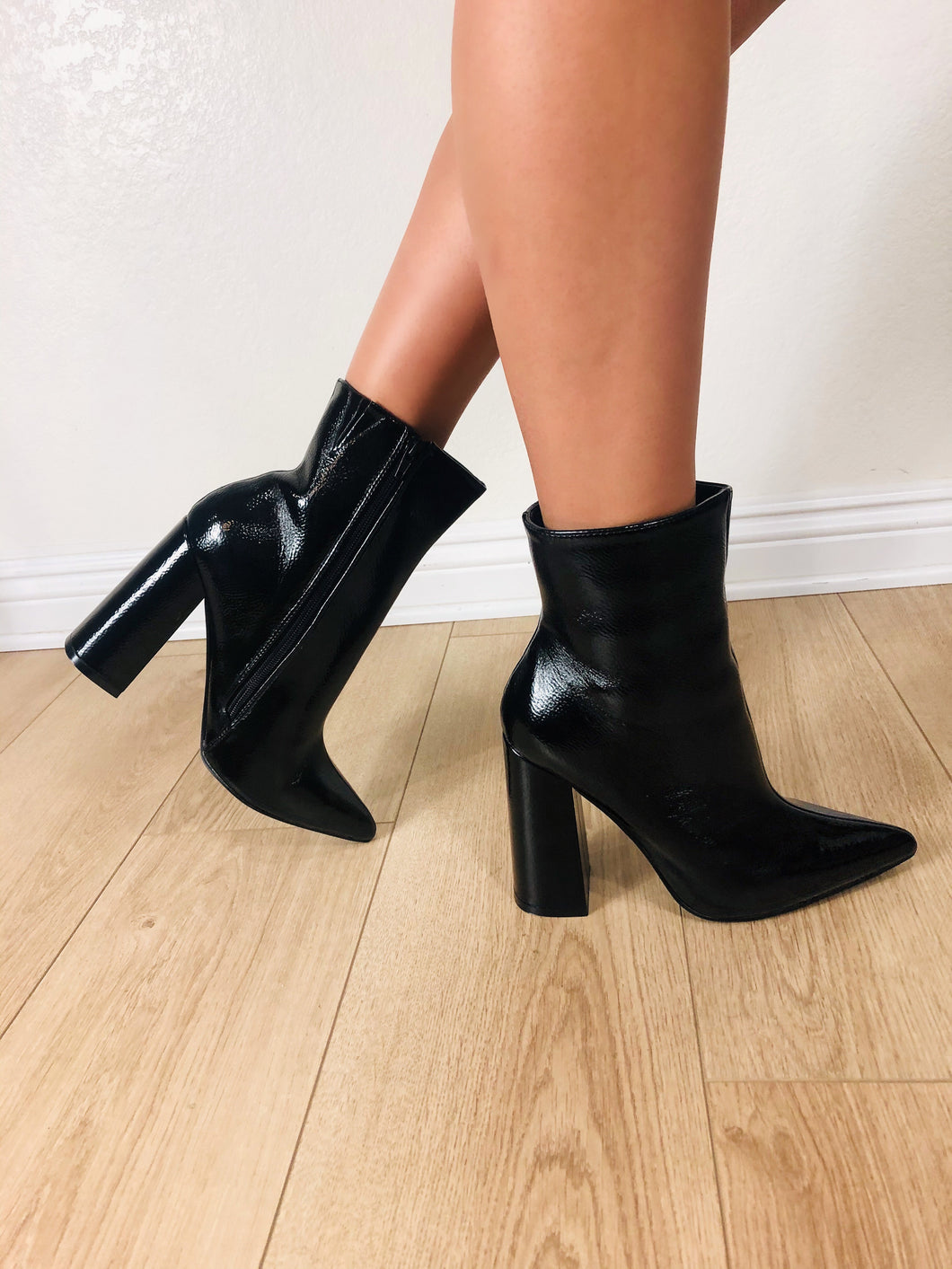 Black Boots for Women - Faux Leather Material Bootie  Inside is lightly padded  Chunky Heel  Pointed toe  Croc thigh boots